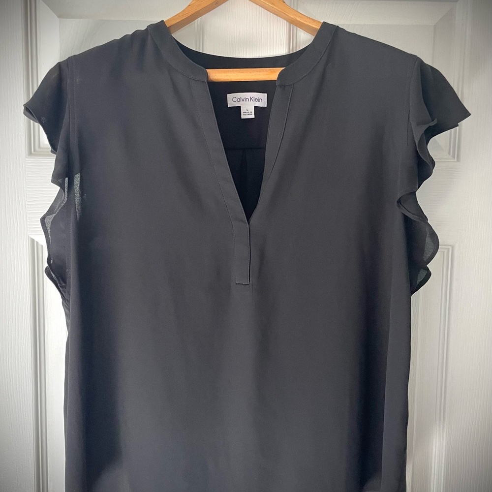 Calvin Klein Black Ruffled Flutter Sleeve Blouse